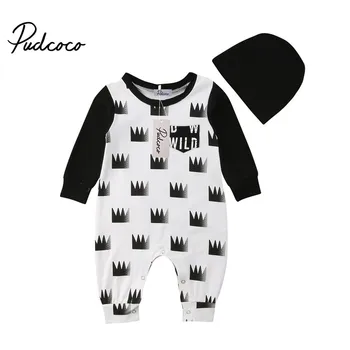 

Newborn Crown Print Rompers 2018 New Born Clothes Baby Boys Girls Cotton Romper Long Sleeve Jumpsuit Hat Outfits Dropship