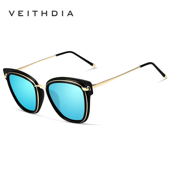 VEITHDIA, роскошные женские солнцезащитные очки, поляризационные, кошачий глаз, женские дизайнерские солнцезащитные очки, очки, аксессуары для женщин, gafas VT3038 - Цвет линз: Black Blue