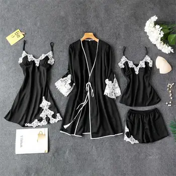 

4pcs Ladies Sexy Silk Satin Pajama Set Female Lace Pyjama Set Sleepwear Home Wear nightwear For Women