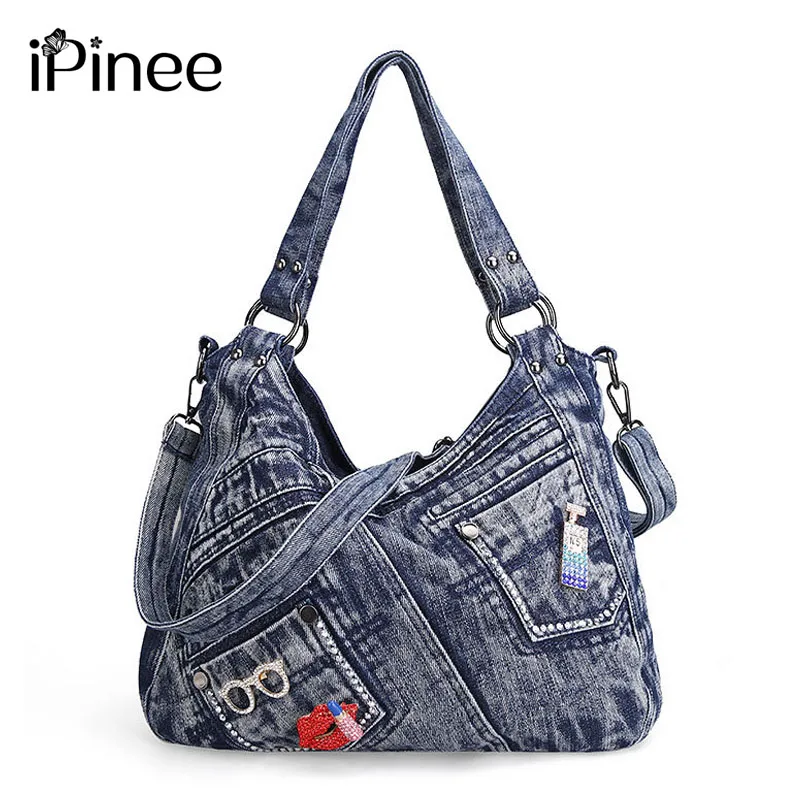 Bolsa de Ombro Ipinee Bolsa Feminina Moda Coringa Denim Senhora Vintage Casual Jeans Tote Lazer Strass Mensageiro Bolsas