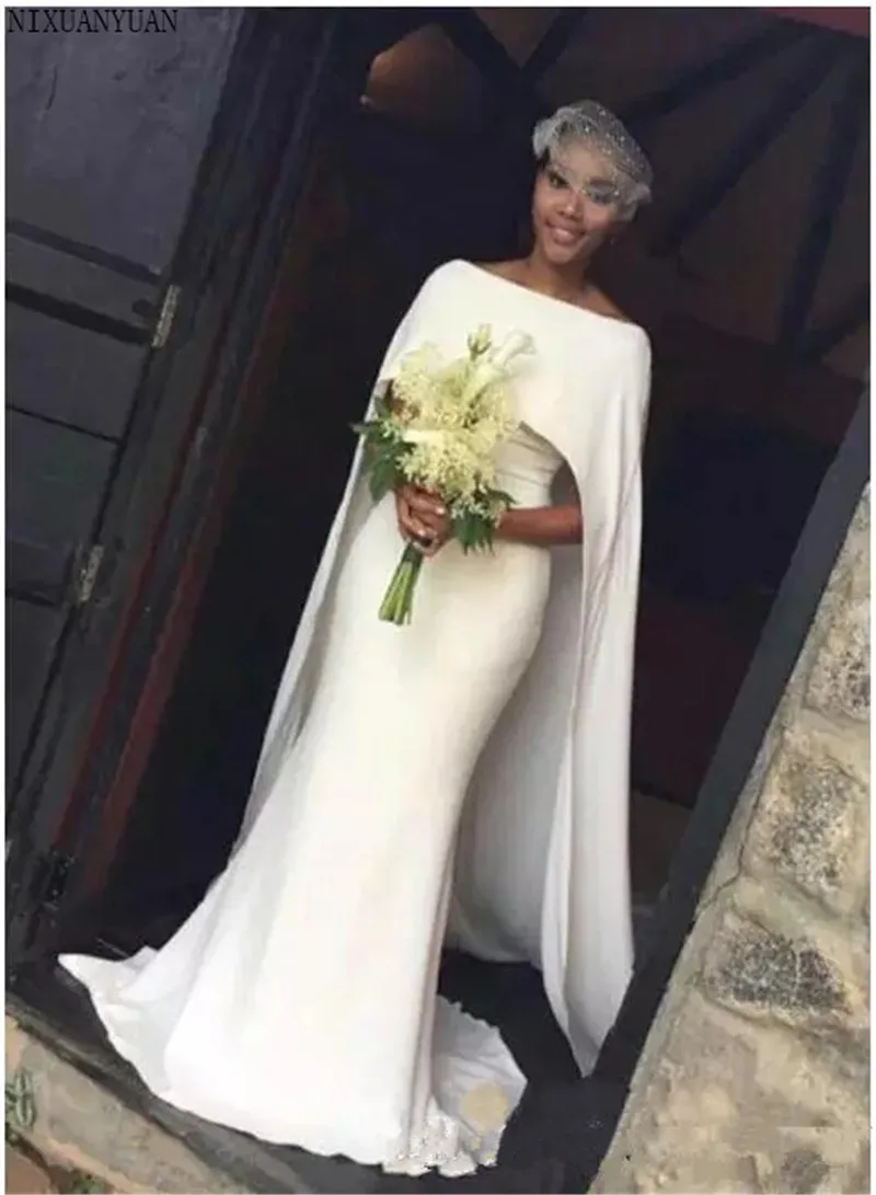 

Mermaid Arabic Wedding Dresses with Cape Zipper Back Black Girl Bridal Gowns Wedding Gown 2019 Vestidos De Novia