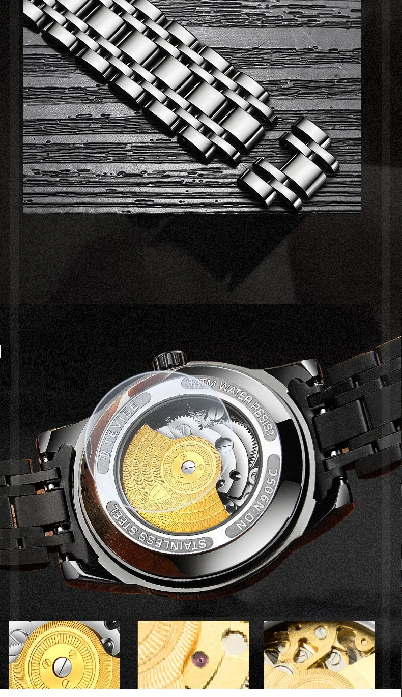 Watches Mens 2019 NOBJN N905D Mechanical Watch Hollow Skeleton Watch Waterproof Luminous Hands Automatic Watch Men Gold Hour (7)