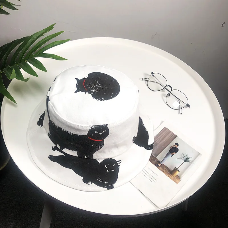 Шляпа Женская граффити кошачья миска cap Повседневная Дикий открытый Рыбацкая шляпа белье Материал Мужская шляпа от солнца весенний летняя Панама