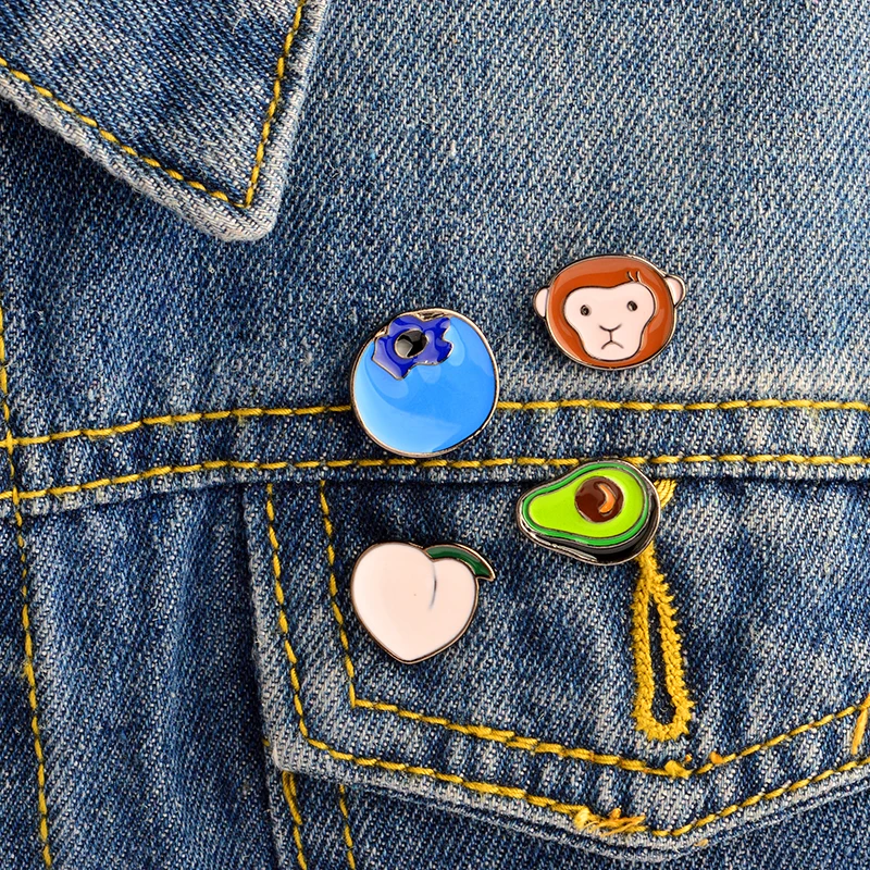 

Cartoon Monkey Peach Blueberry Avocado pins Hard enamel lapel pin Badges Jacket Backpack Jeans Hats Accessories Avocado jewelry