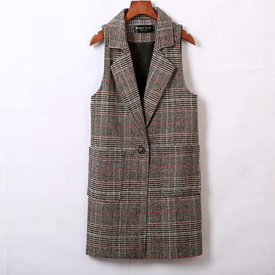 red plaid Модные шерстяные жилеты осень зима Женская куртка без рукавов пальто размера плюс женская верхняя одежда тонкий длинный жилет - Цвет: red plaid