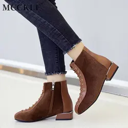 MCCKLE/женские ботильоны; зимняя теплая плюшевая обувь на меху; женские разноцветные Лоскутные ботинки на платформе и низком квадратном