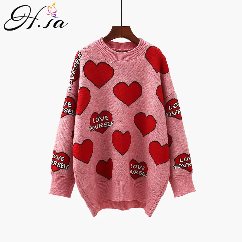 Ceny H. SA damski ponadgabarytowy sweter i pulowery Oneck Sweet Heart drukowany napis swetry z bufkami z długim rękawem różowy Streetwear bluzki z dzianiny