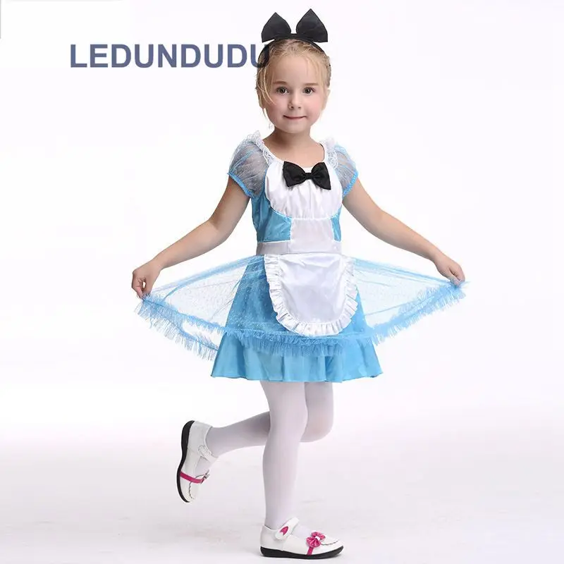 Kids Alice In Wonderland Cosplay Costumes Girls Princess Dress Halloween Party Fancy Suit Clothes Children Blue Maid Clothes (11)