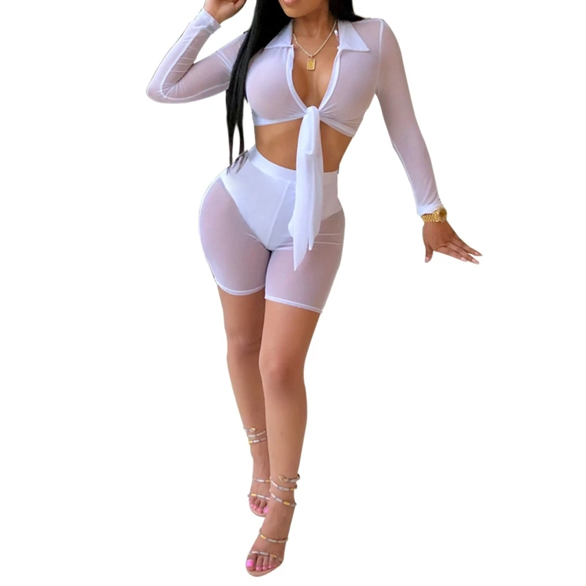 

Sexy See Through Black/White Hollow Out Mesh Two Pieces Set Night Out Club Wear Deep V Neck Crop Tops Elastic Skinny Shorts Suit
