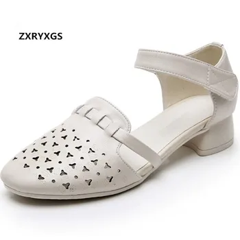

2019 Hollow Cowhide Women Leather Sandals Comfortable Light Soft Bottom Women Shoes Summer Casual Sandals Mom Thick Heel Shoe