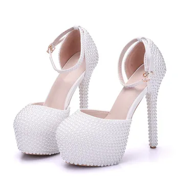 

Women Platform High Heels Bridal Wedding Shoes White Pearl Bride Bridesmaids Prom Pumps Ankle Strap Sandals Shoes XY-A0115