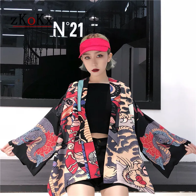 

2019 Summer Japanese Kimono Cardigan Men Woman Japanese Style Print Kimono Cardigan Black Kimono Jacket Coat Streetwear Outwear