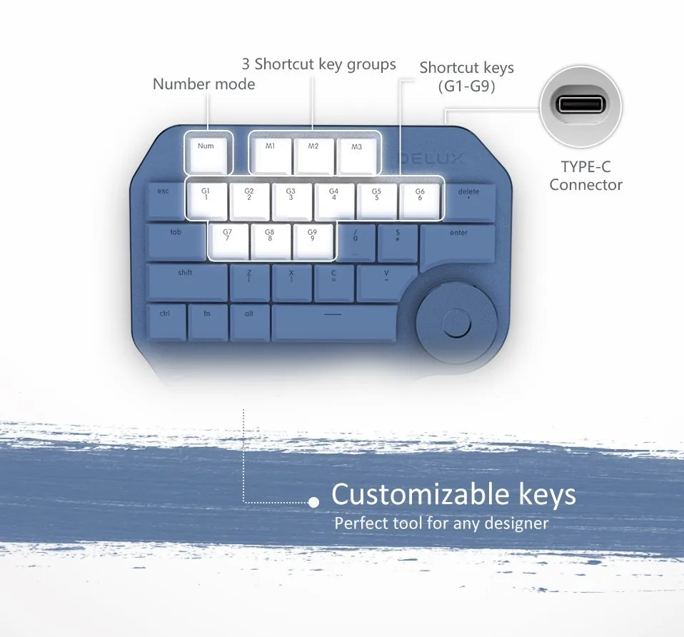 Delux T11 Designer Keyboard With Smart Dial 3 Group Customizable Keys Keypad Mechanical Single Hand For Gaming Designer Software