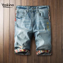 VROKINO Брендовые мужские темно-синие джинсовые шорты летние новые повседневные Модные Стрейчевые прямые шорты размер 28-38