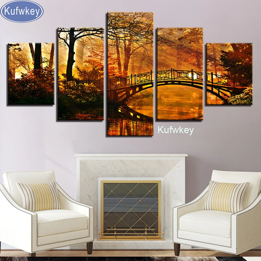 

5d Diy diamond painting 5pcs cross stitch kit Autumn Bridg,Diamond embroidery 3D square Diamond Mosaic pasted full painting,art