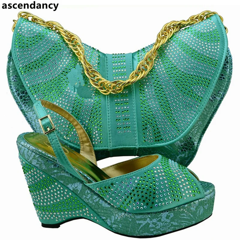 

Water Green Shoes and Bag Set African Sets Decorated with Rhinestone Italian Shoes with Matching Bag 2017 Nigerian Women Shoes