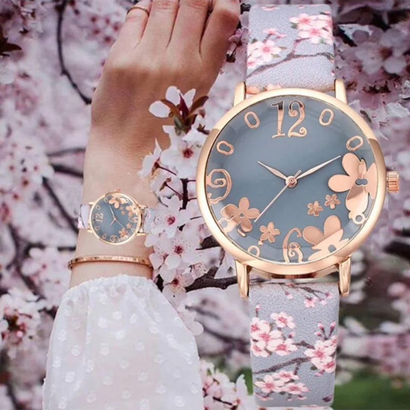 

1 Pcs Women Quartz Watch Floral Dial with Floral Print PU Leather Strap @M23