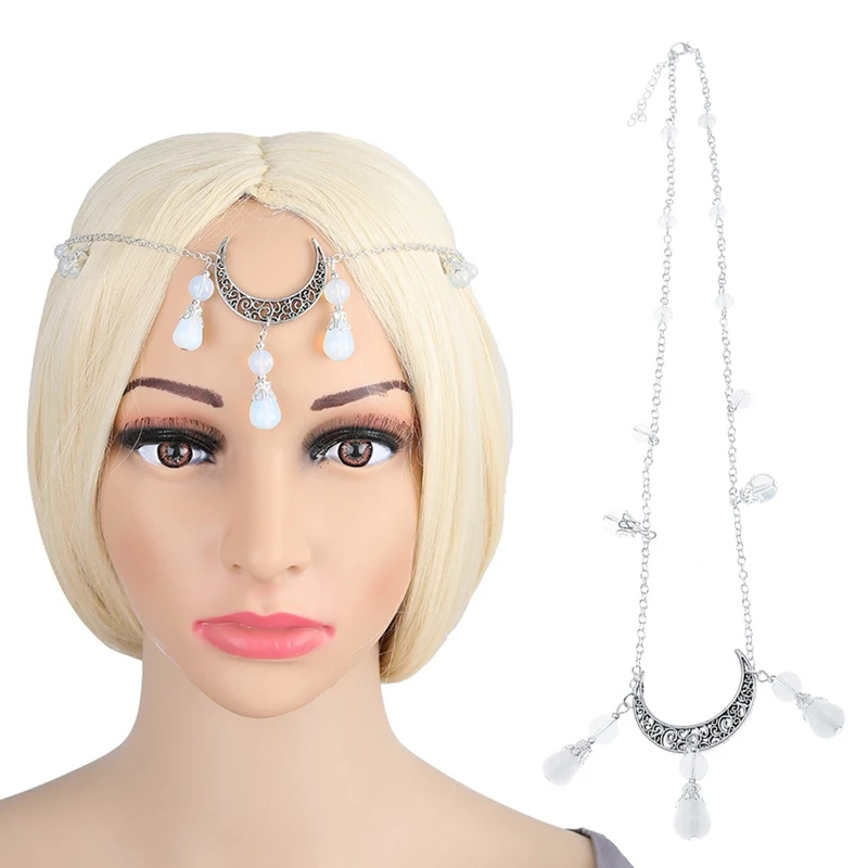 India Jewelry Moon Alloy Crystal Pendant Forehead Headbands Headpiece Tassels Head Chain Women