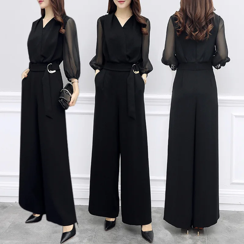 

2018 Summer Women V-neck Chiffon Jumpsuits Elegant Ladies Black Party Wide Leg Jumpsuits
