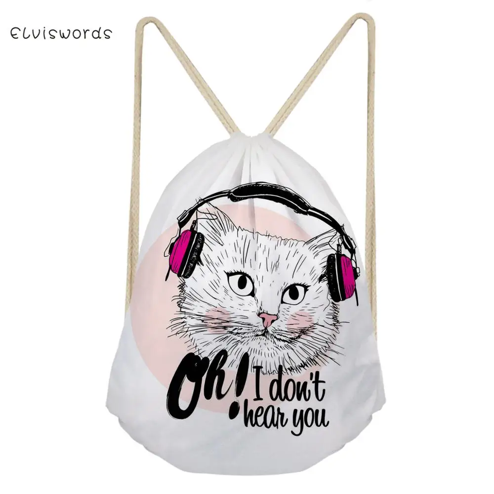 ELVISWORDS Cute Cat Cartoons Small Women Drawstring Backpack Travel Female Bag School Girls Satchel Casual Shopping