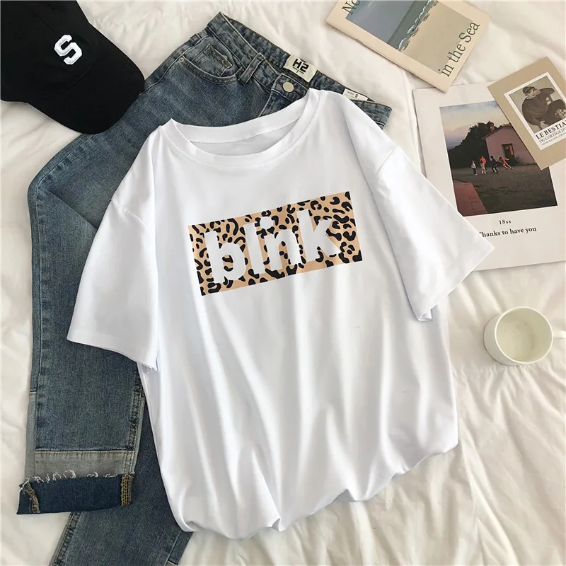 

T Shirt Women 2019 Summer Korean Leopard Letters White Black Tshirts Loose Casual Short Sleeve Tees Harajuku BLINK Female Tops