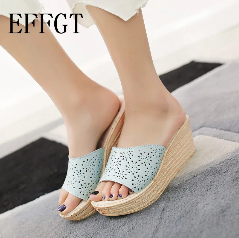 

EFFGT 2019 Summer Women Mules Clog Shoes Slip on Peep Toe Ladies Cork Wedge Sandals Female Platform Sandals Shoes Flats C87