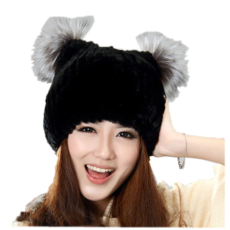 Women's fur hat knitted autumn winter black cat ear cap with natural