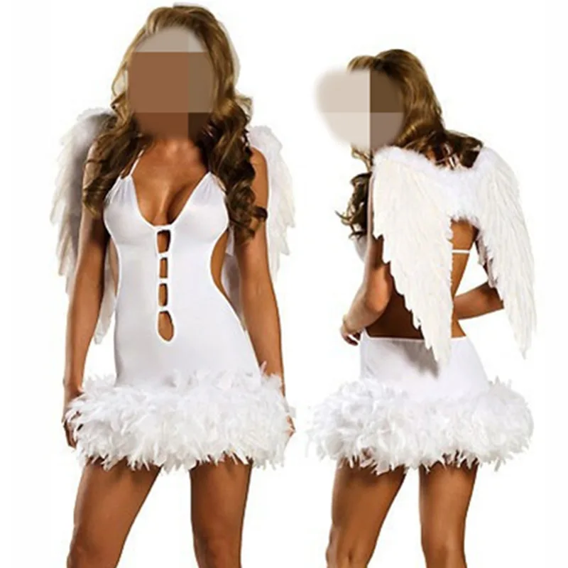 

Popular Black White Sexy Angel Costume Halloween Cosplay Lingerie Dress Women Fallen Angel Costume Carnival Party Costume