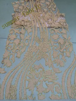 

Peach colour Embroidery African Nigerian Guipure Lace Fabric with beads Nigerian Guipure Lace Fabric glitter