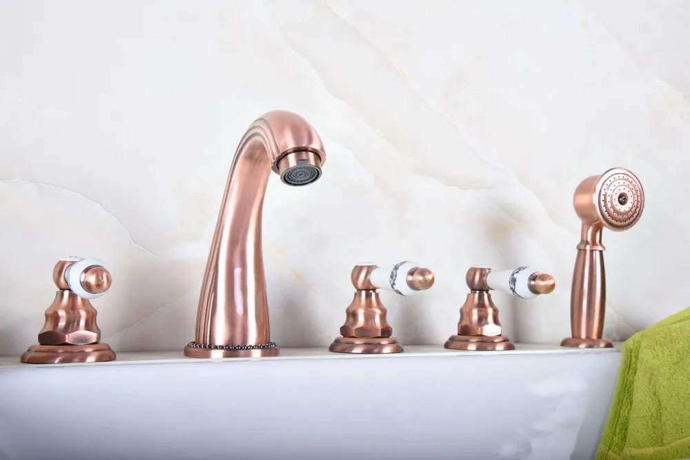 

Antique Red Copper Brass Widespread 5 Hole Bathroom Roman Tub Bath Faucet with Telephone Style Hand Held Shower Head atf188