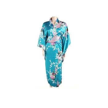 

Top Fashion Lakeblue Japanese Female Silk Kimono Yukata Haori With Obi Novelty Floral Evening Party Dress Peacock One Size