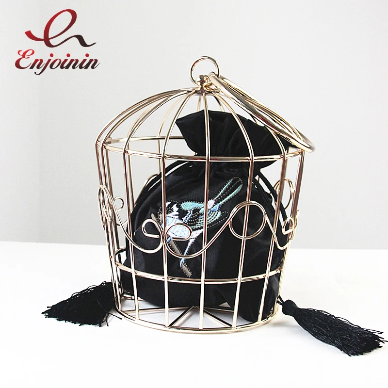 New style personality bird cage metal modeling embroidery satin bag
