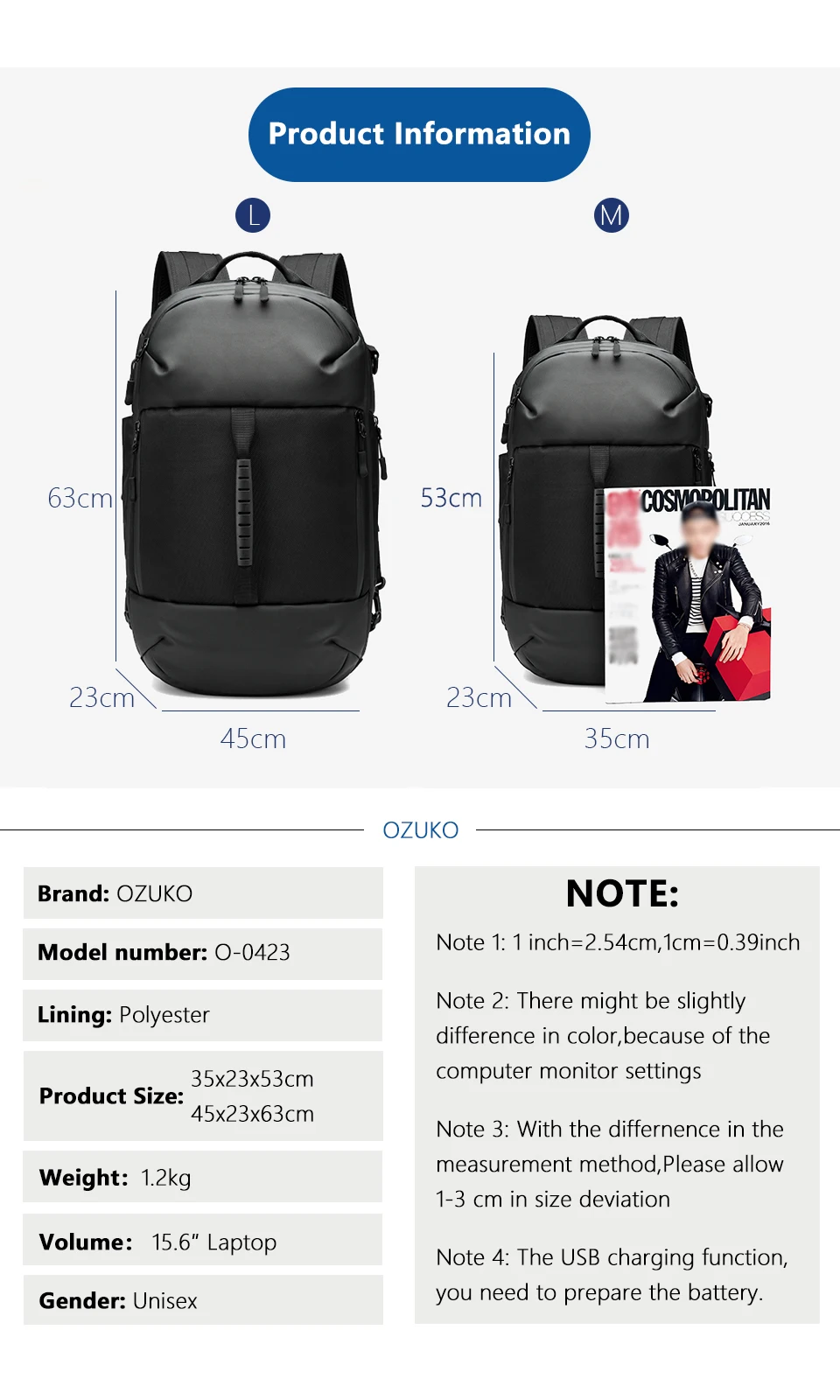 OZUKO Многофункциональный Для мужчин рюкзак 15,6 дюймовый ноутбук сумка мужской Водонепроницаемый большой Ёмкос
