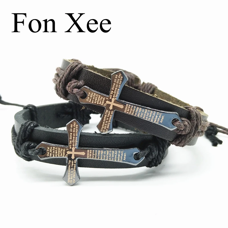 Fon Xee Christian Jesus Cross Leather Wrap Bracelets Adjustable Lord's