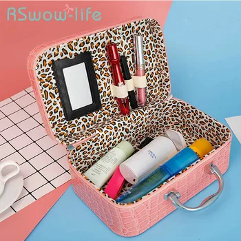 

Stone-grain Leather Cosmetic Storage Bag Square Zipper with Mirror Ladies Portable Storage Box Household Storage Products