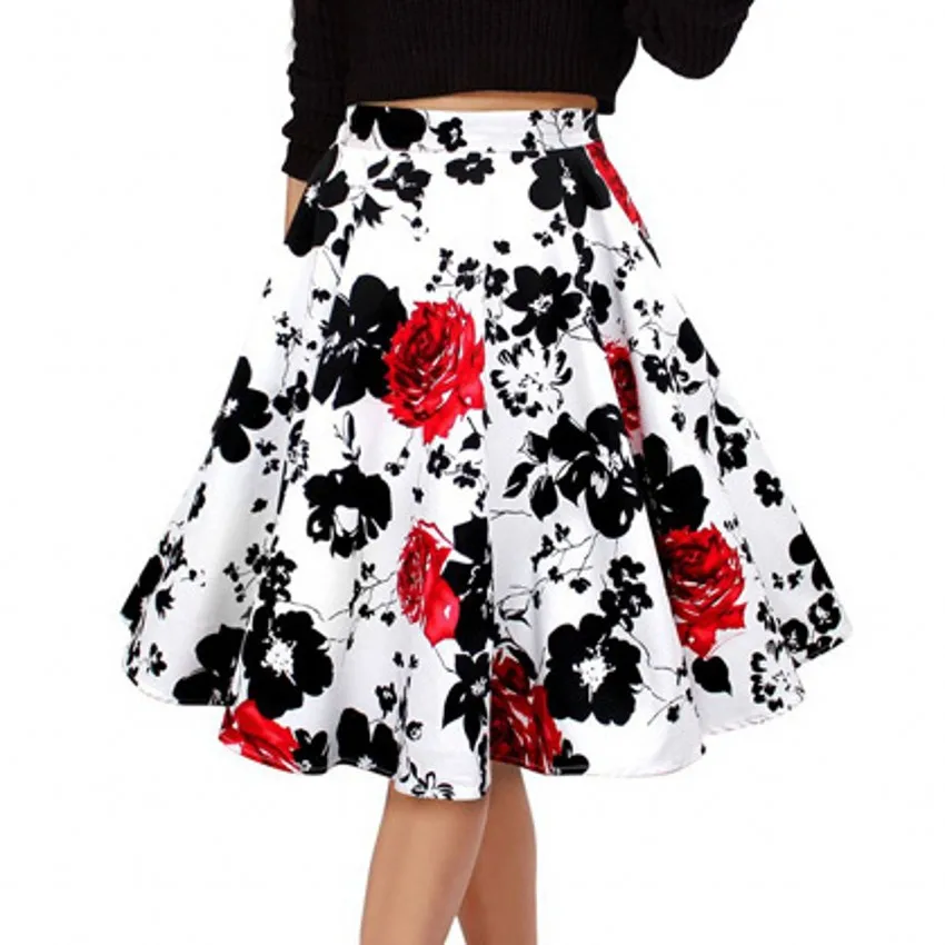 50s Vintage Woman Retro Red Rose Flower Bouquet Floral Print High Waist Midi Skirts Knee-Length Long Saia Feminina Ladies Skirt