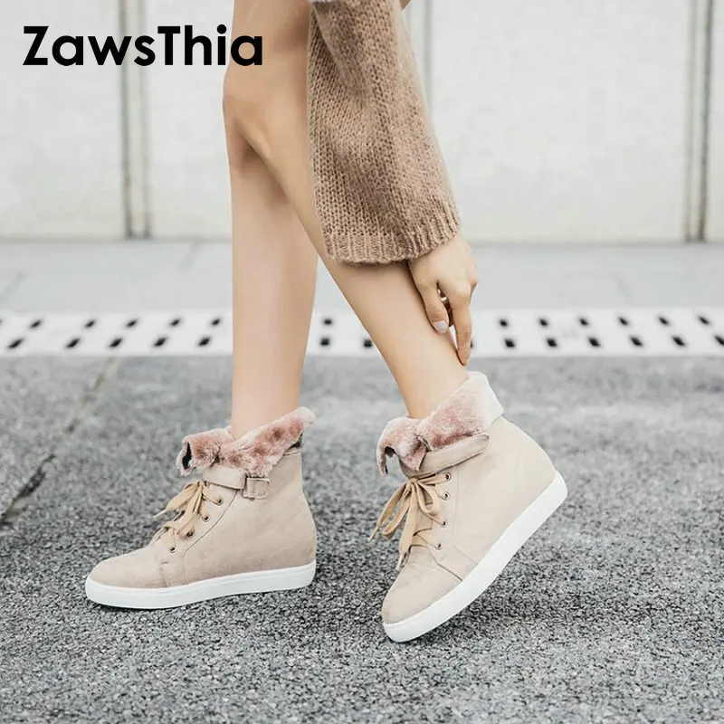 ZawsThia/2019 г. Новая зимняя теплая женская обувь с Плюшевым Мехом на шнуровке женские