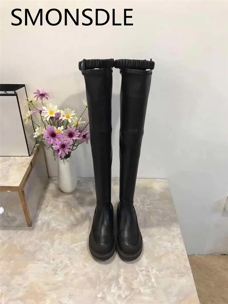 

SMONSDLE New Fashion Black Genuine Leather Women Over the knee Boots Round Toe Slip On Women Autumn Winter Boots Shoes Woman