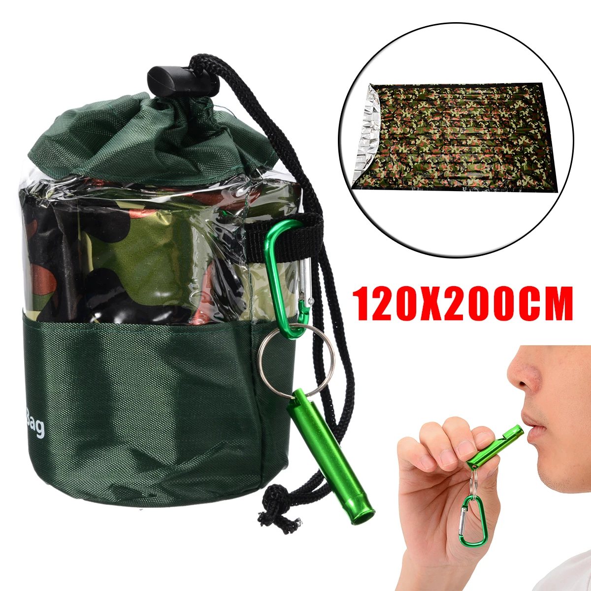 200*120cm Camouflage Waterproof Emergency Thermal Sleeping Bag With Survival Whistle Camping Survival