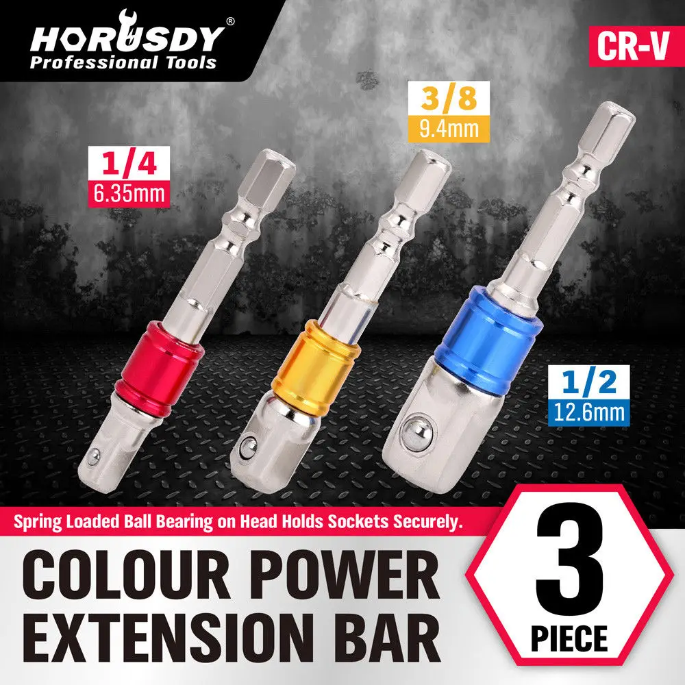 

HORUSDY 3Pcs Socket Adapter Set Hex Shank to 1/4" 3/8" 1/2" Impact Driver Drill Connecting Rod 3 Color Power Tool Accessorie