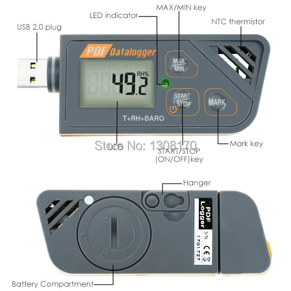 Цифровой USB Регистратор влажности температуры и давления Барометрический регистратор данных датчик Водонепроницаемый PDF& Excel отчет светодиодный индикатор