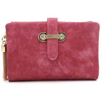 

New Women Nubuck Leather Rhinestone And Metal Tassel Pendants Zipper Small Wallets Card Holder