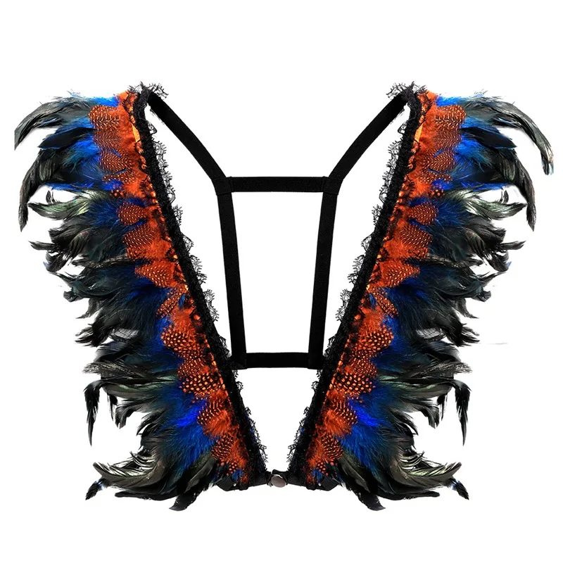 Feather-O0310 Тело Жгут Связывание Ремни сексуальное женское белье клетка Топ эластичный Ремни гот проводов Бюстгальтер Для женщин костюм черный модный аксессуар - Цвет: Feather-O0310