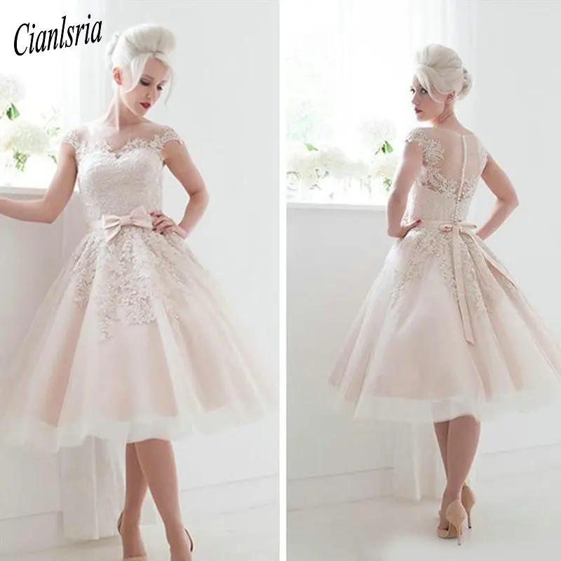 

2019 Cheap Knee Length Wedding Dresses Sheer Neck Cap Sleeve Appliques Lace With Sash Short Bridal Gowns Vestido De Novia
