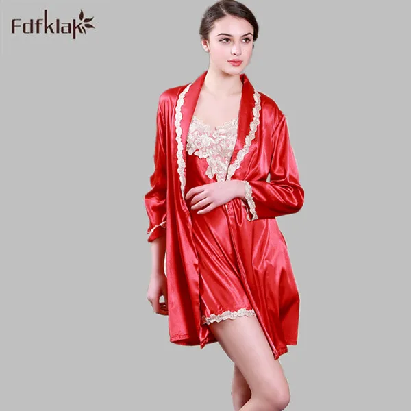 Fdfklak Summer Sexy Women Robe & Gown Set Elegant Silk Satin Robe Set Female Nighty Bathrobe