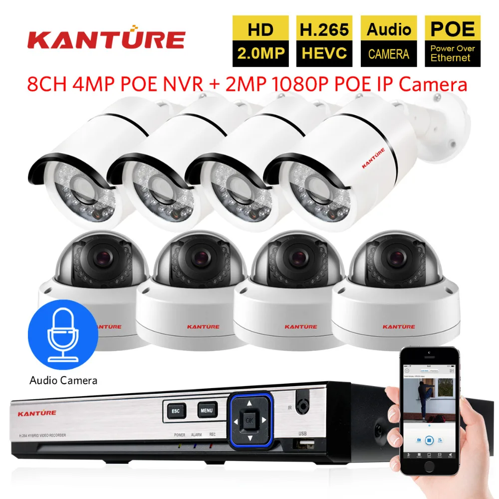 

KANTURE h.265+ 8CH 4MP POE CCTV NVR system 8X1080P Audio IP66 VandalProof security Outdoor POE IP camera Day night Camera System