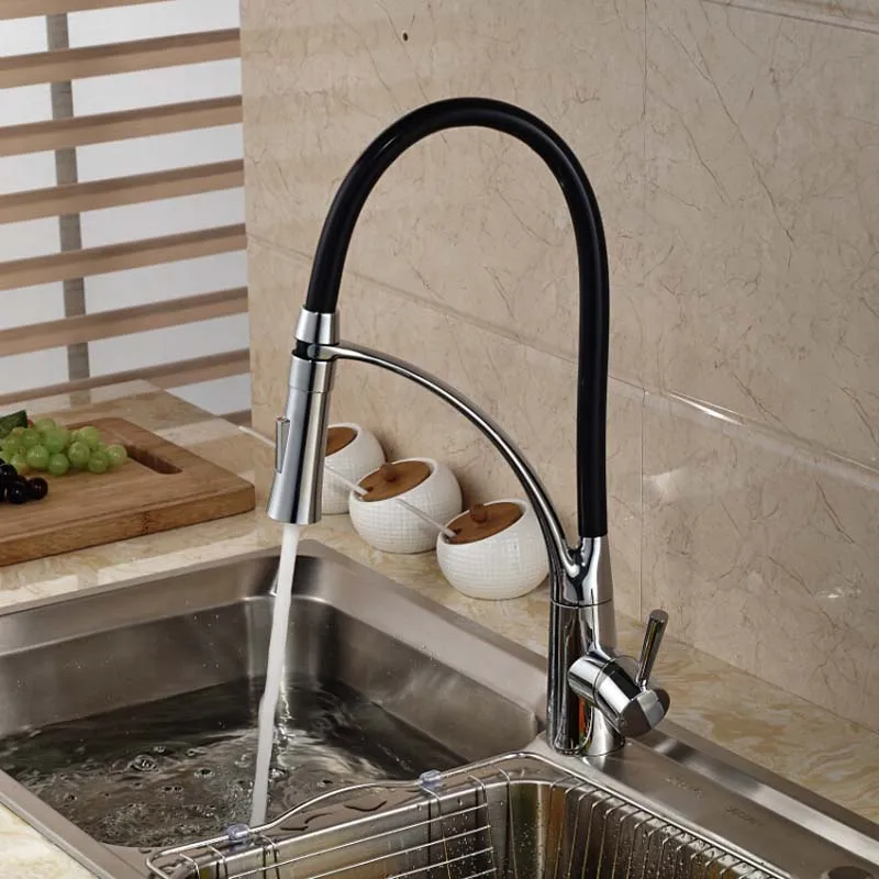 Deck Mount Black Hose Kitchen Mixer Taps Single Handle Stream Sprayer Kitchen Faucet Chrome Finish with Bracket
