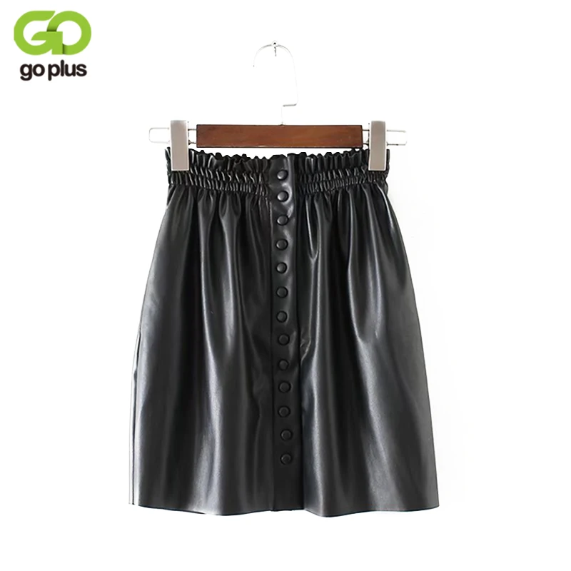 

GOPLUS Winter Skirt Women 2019 Brand A-Line PU Leather Mini Skirts Buttons Elastic Waist Empire Black Pleated Skirt Female C4644