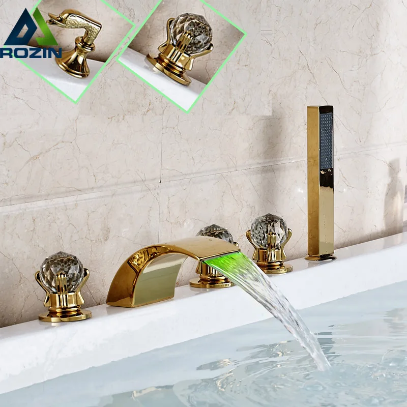 

LED Color Changing Waterfall Tub Sink Faucet Widespread Gold-plate Bathroom Roman Tub Mixer Taps with Handshower
