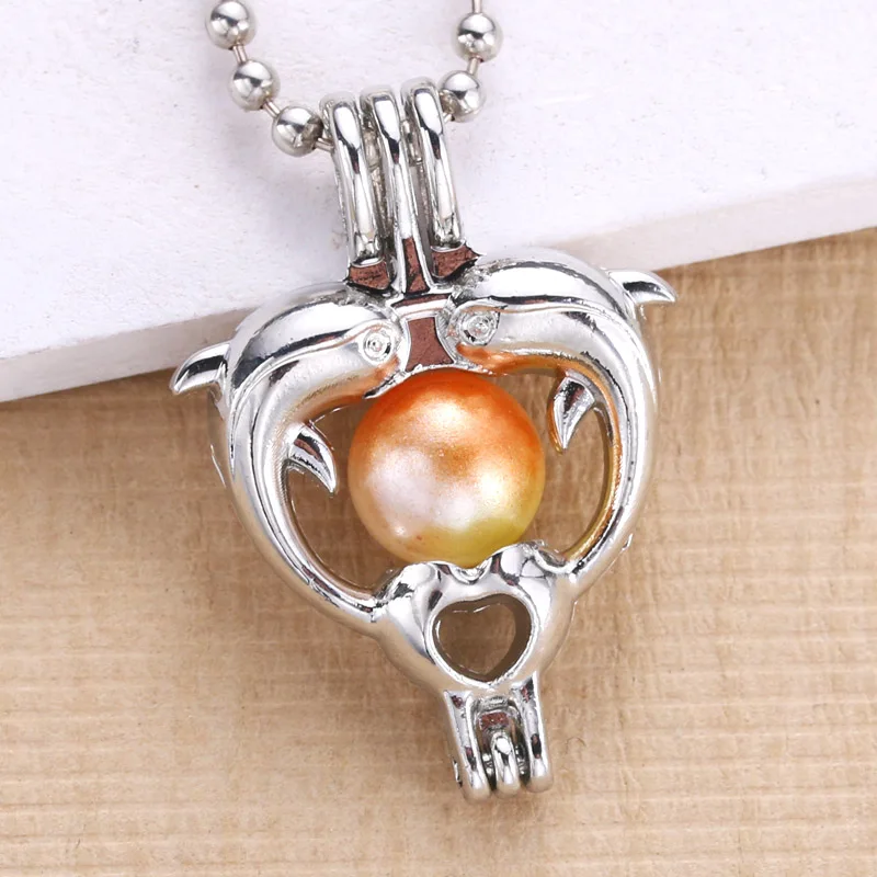 

6pcs Bright Silver dolphin Pearl Cage Jewelry Making Bead Cage Pendant Aroma Essential Oil Diffuser Locket For Oyster Pearl